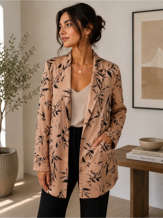 Mendocino Jackets & Blazers - Mendocino Blush Pink Leaf-Print Blazer